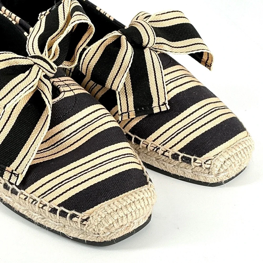 Tory Burch Size 6 Bow Espadrille Flats Black Tan NEW Vintage Striped Canvas $248